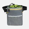 Grey dog treat pouch with drawstring inner bag, mesh pocket and adjustable waist strap