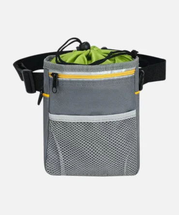 Grey dog treat pouch with drawstring inner bag, mesh pocket and adjustable waist strap
