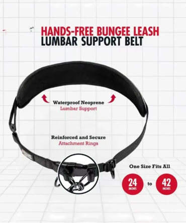 Tailvoy hands free bungee dog leash lumbar support waist belt, waterproof neoprene lumbar pad, reinforced secure metal rings, one adjustable size fits waist 24-42 inches