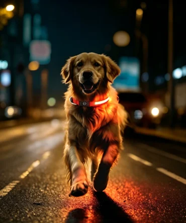Dog wearing glowing LED collar running on night road