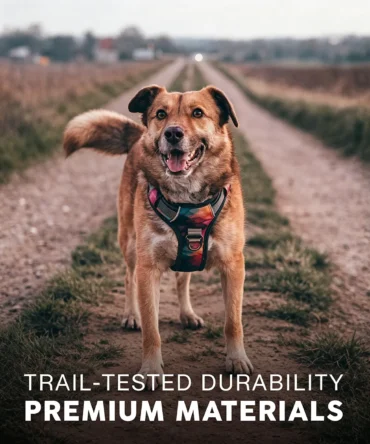 Brown dog wearing colorful no pull dog harness walking on rural trail path