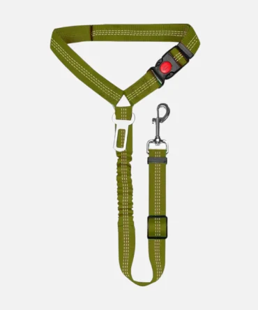 Olive reflective dog car seat belt with elastic buffer and safety buckle