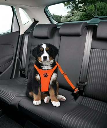 Dog wearing orange car safety harness sitting in backseat with vehicle seat belt tether