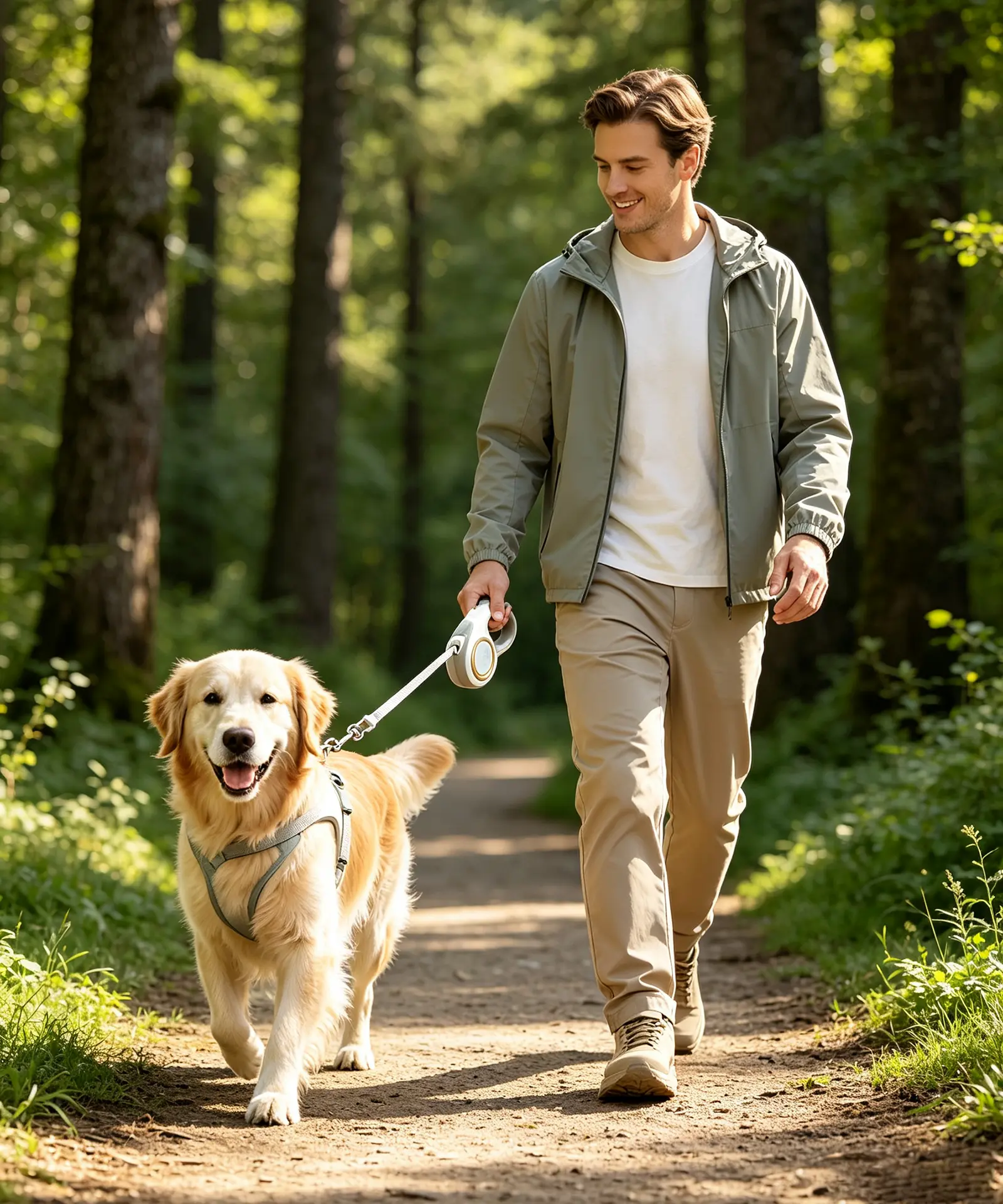 Man walking golden retriever with retractable dog leash