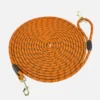 Orange rope dog leash shows the braided texture, metal clips and high-visibility stitching.
