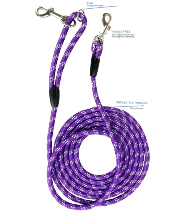 Purple rope dog leash with an adjustable handle and metal clips showes the braided texture and high-visibility threads.