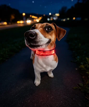 Dog wearing smart LED dog collar with red glowing light in dark outdoor scene