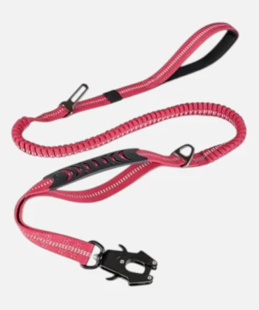 Red tactical dog leash with bungee shock absorption, padded handle and heavy-duty metal clasp