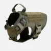 Olive green tactical dog harness with molle panels and adjustable buckles