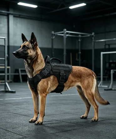 Dog wearing tactical dog harness in training area