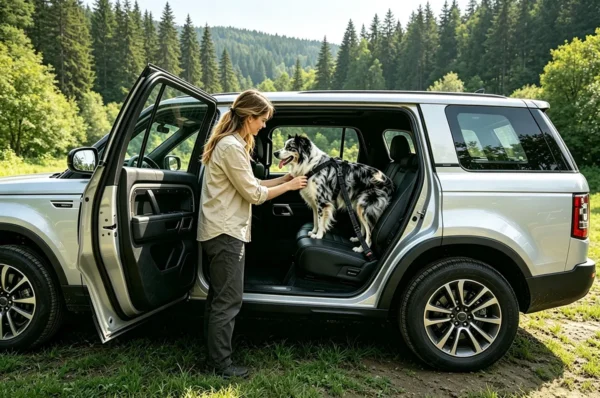 Dog safely secured with a car seat belt during a road trip.