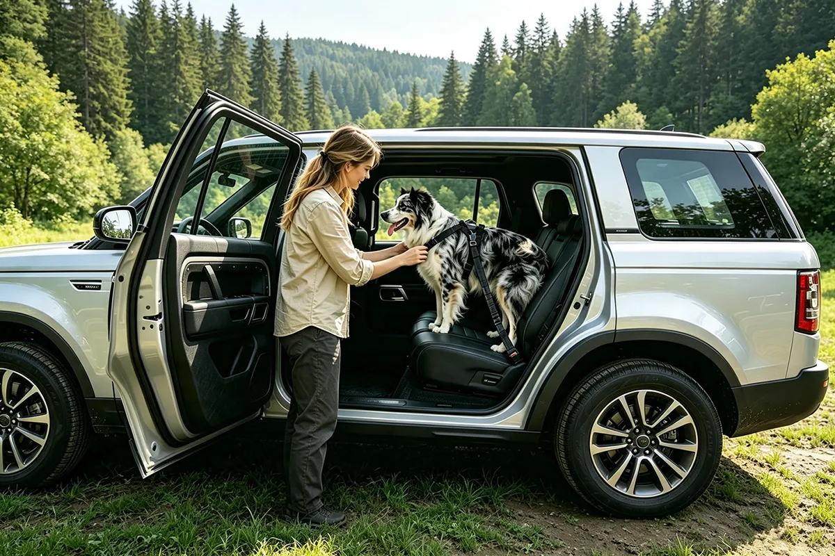 Dog safely secured with a car seat belt during a road trip.
