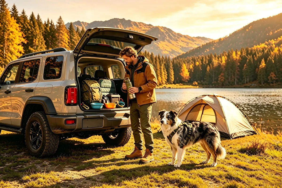 Man standing by open trunk of gray off-road SUV at lakeside autumn campsite, holding short straight olive stainless steel dog travel water bottle, Australian Shepherd dog with harness beside tent, cooling mat and pet gear in vehicle trunk, golden mountain forest sunset scenery.