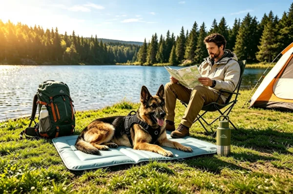 Dog relaxing on a cooling mat during a summer outdoor adventure.