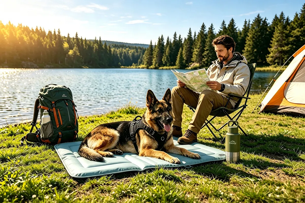 Dog relaxing on a cooling mat during a summer outdoor adventure.