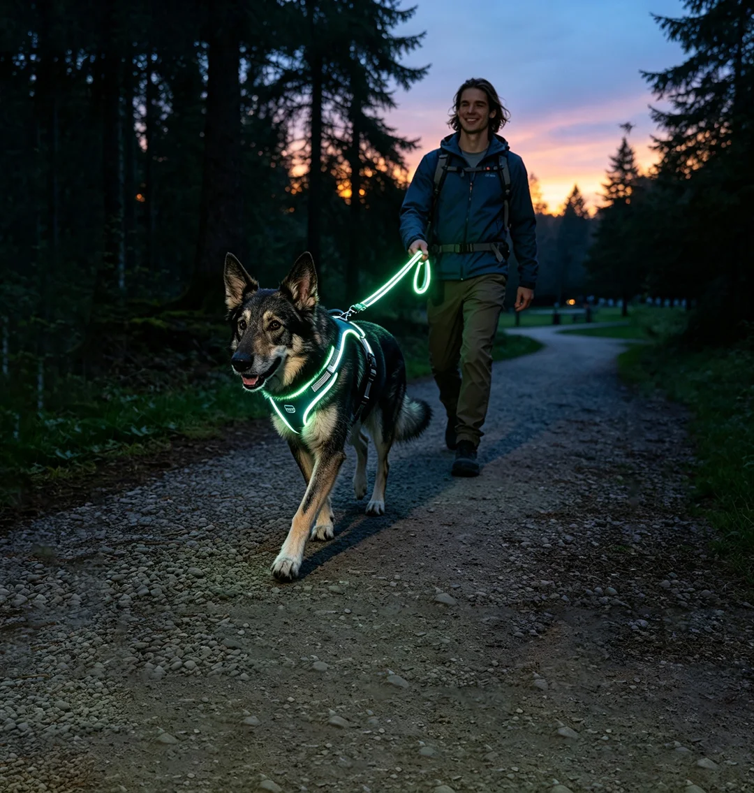 Evening dog walk in the forest with LED glowing dog leash and harness, showing dog safety essentials for night visibility and outdoor adventures.