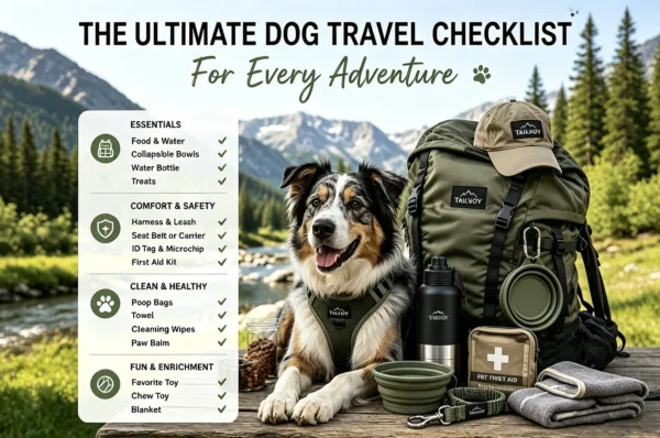 The ultimate dog travel checklist for every adventure, featuring a happy dog with travel gear including harness, backpack, water bottle, first aid kit, and essentials for camping and hiking.