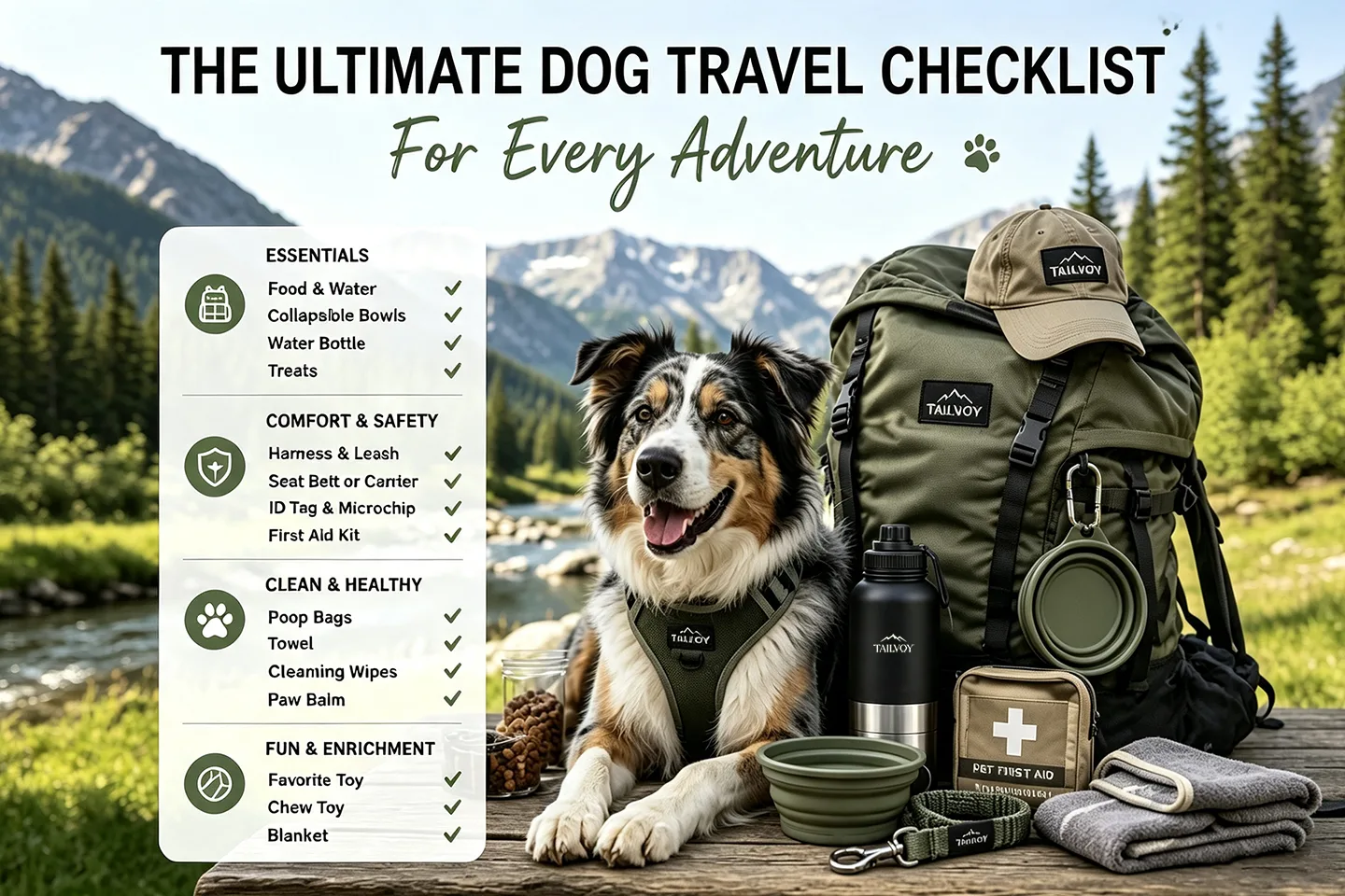 The ultimate dog travel checklist for every adventure, featuring a happy dog with travel gear including harness, backpack, water bottle, first aid kit, and essentials for camping and hiking.