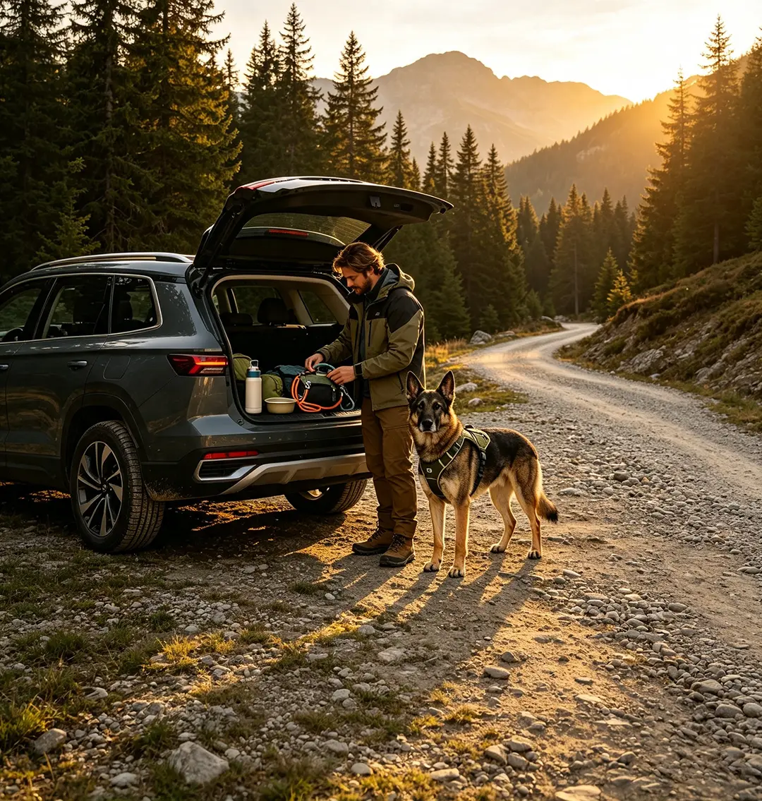 Hiker preparing dog travel gear beside SUV on mountain forest trail at sunset