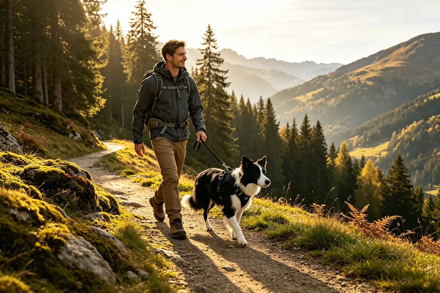 Dog wearing a no-pull harness while hiking outdoors with owner.