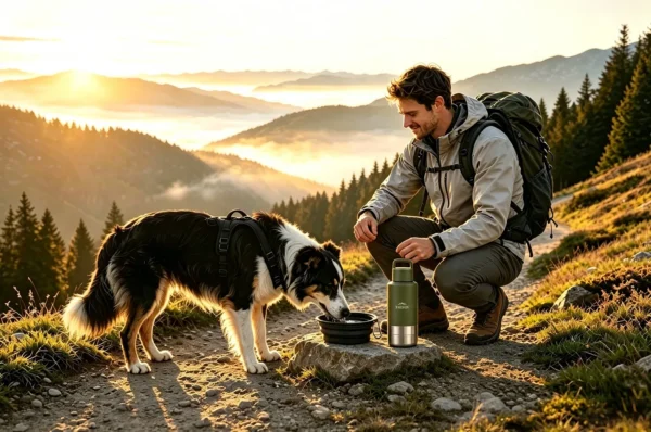 Dog drinking from a portable travel water bottle during a hiking adventure.