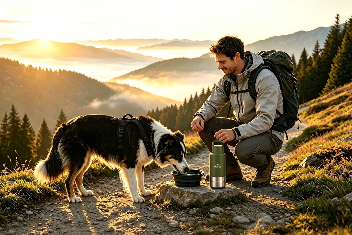 Dog drinking from a portable travel water bottle during a hiking adventure.