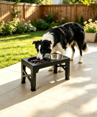Adjustable raised dog feeder with Border Collie eating in sunny backyard