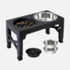 Adjustable elevated dog feeder stand with slow feeder bowl and stainless steel water bowls