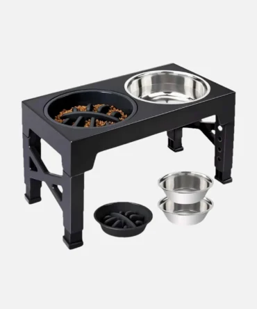 Adjustable elevated dog feeder stand with slow feeder bowl and stainless steel water bowls