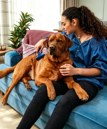 Woman grooming dog with deshedding tool in cozy living room