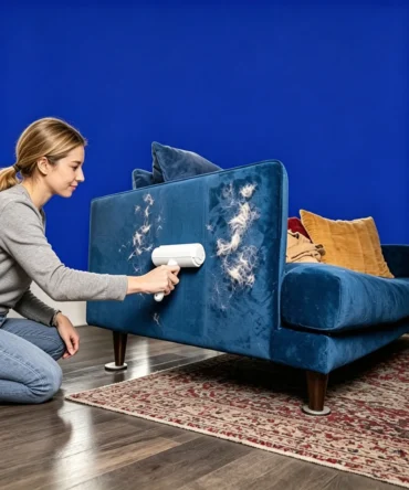 Woman using dog hair removal roller to clean pet hair from blue sofa