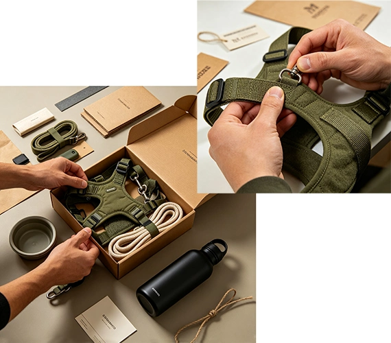 Collage of hands packing dog travel gear set and inspecting olive dog harness hardware on clean workspace