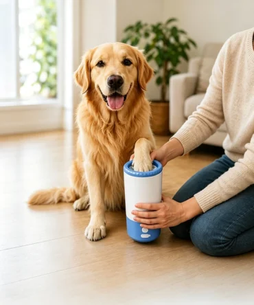 Dog paw cleaner cleaning golden retriever paw at home