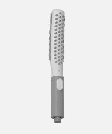 Dog shower sprayer, white and gray handheld pet grooming sprayer with comb teeth and water spray nozzles, designed for bathing and massaging dogs at home
