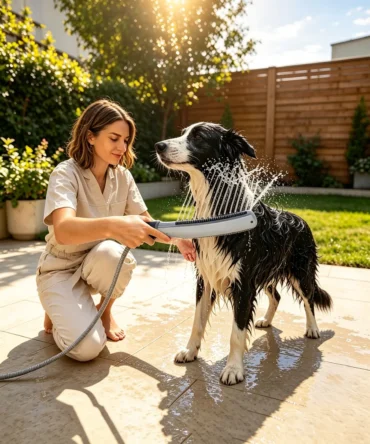 Woman using dog shower sprayer bathing wet Border Collie on sunny backyard