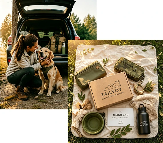 Collage of woman kneeling with golden retriever beside open SUV trunk at sunset, plus Tailvoy branded dog travel supplies including storage pouches, collapsible bowl, water bottle and packaging arranged on outdoor linen blanket